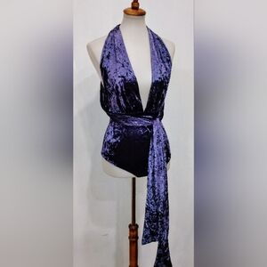 PURPLE CRUSHED VELVET HALTER BODY SUIT